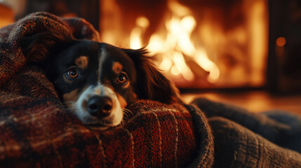 Dog resting under a blanket by the warm fireplace in cozy setting