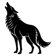 Silhouette of a majestic wolf howling at the moon depicted in a stylized black and white graphic art style