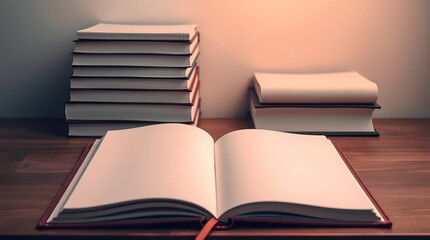 Warm Study Scene with Open Blank Book, Stacked Volumes, and Sunlit Wooden Table for Learning Themes
