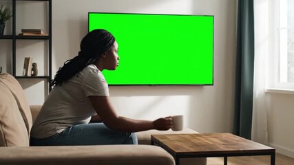 Woman relaxing on sofa watching green screen TV, ready for content integration and virtual set creation - Powered by Adobe