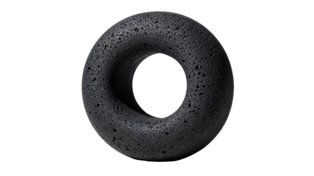 Dark, circular, textured object.  Close-up of a ring-shaped, dark gray/black, porous stone or similar material.  Inner hole, thick outer rim, rough surface
