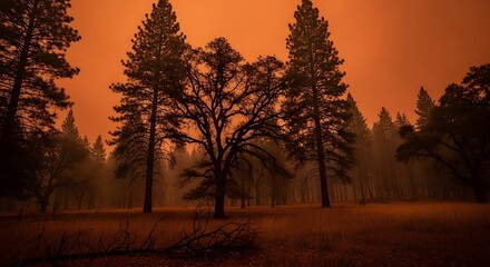Dramatic orange sky over silhouetted pine forest landscape at dusk serenity
