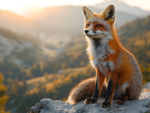 A red fox sits alertly on a rocky ledge gazing across a serene mountain landscape during the warm light of dawn
