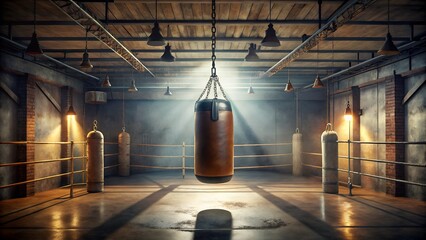 A dimly lit boxing gym with a punching bag hanging in the center, illuminated by spotlights, creating a dramatic and intense atmosphere for training
