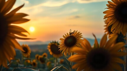 Sunflower Field at Sunset with Bee Pollinating Under Vibrant Orange-Pink Sky and Rolling Hills