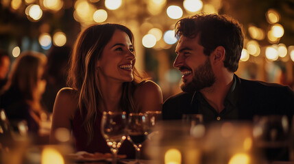 Stylish couple laughing and enjoying fine dining at night outside  