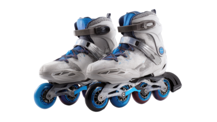 Pair of inline skates, white with blue accents.  Adjustable straps, multiple wheels,  sporty design