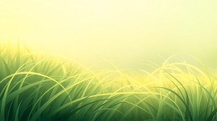 Lush Green Grass Blades Under Hazy Yellow Sky in Peaceful Nature Scene