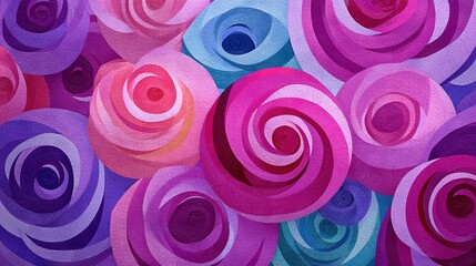   A close-up of a vibrant painting featuring pinks, purples, and a striking blue center at its focal point