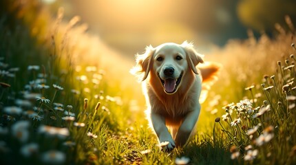 Golden Retriever in Wildflower Field &ndash; Joyful Motion in Sunlit Nature and Emotional Warmth
