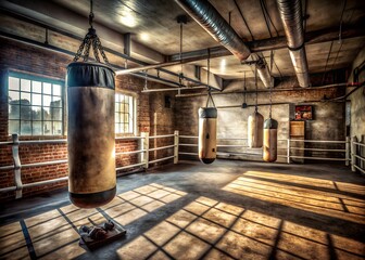 A vintage boxing gym with punching bags hanging in the center, illuminated by sunlight streaming through the windows, creating a nostalgic atmosphere