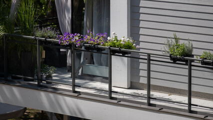 Balcony with flowers and potted plants on railing
