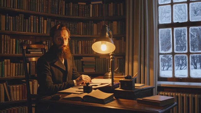 A cozy library scene with a bearded man writing under a warm lamp. Shot from a side angle, capturing a vintage video ambiance with snow outside.