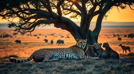 Cheetah Family at Sunset &ndash; Resting Under Tree in Golden Savanna with Grazing Herds Beyond