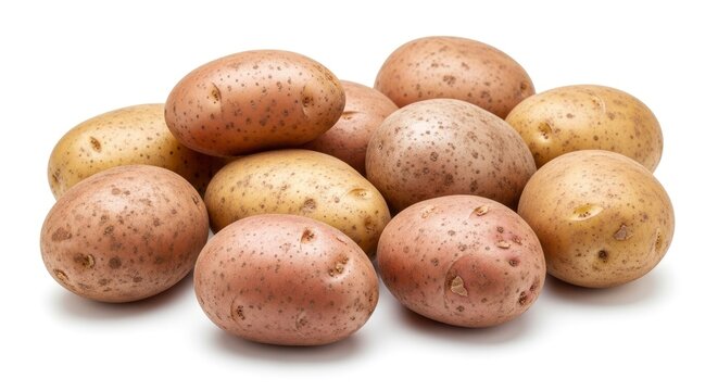 A pile of fresh, raw potatoes, including red and yellow varieties, isolated on a clean white background. Ideal for culinary, healthy eating, and ingredient concepts.