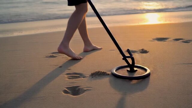 una persona an&oacute;nima y gen&eacute;rica, sin rasgos faciales definidos, descalza en la playa al atardecer. La persona camina sobre la arena mientras utiliza un detector de metales para buscar objetos.