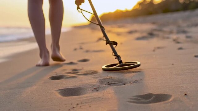 una persona an&oacute;nima y gen&eacute;rica, sin rasgos faciales definidos, descalza en la playa al atardecer. La persona camina sobre la arena mientras utiliza un detector de metales para buscar objetos.