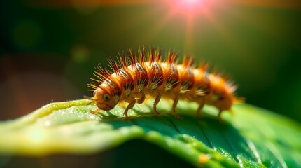 Spiny Orange-Black Caterpillar on Leaf &ndash; Vivid Macro Shot with Sunlit Background and Natural Texture