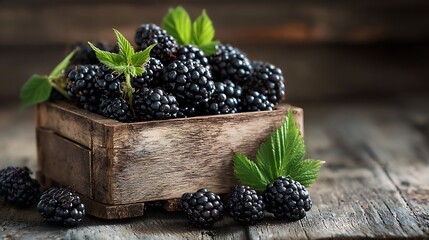 Freshly picked blackberries in rustic wooden crate on weathered wooden table a healthy and delicious snack or ingredient concept