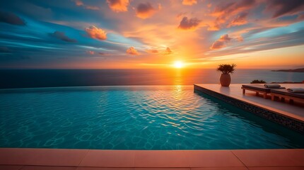 Infinity Pool Sunset Over Ocean &ndash; Luxury Travel Escape in Golden Hour Serenity