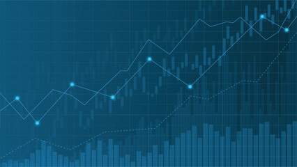 Abstract financial background featuring glowing blue trading chart with candlestick graph, bars and lines, ideal for business finance presentations and digital designs