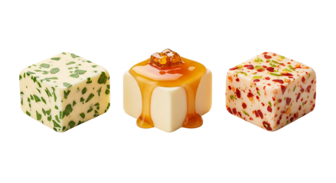 Three cubes of butter with additions isolated on transparent background