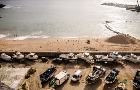 Fishing boats hauled out beside Praia dos Pescadores, Ericeira
