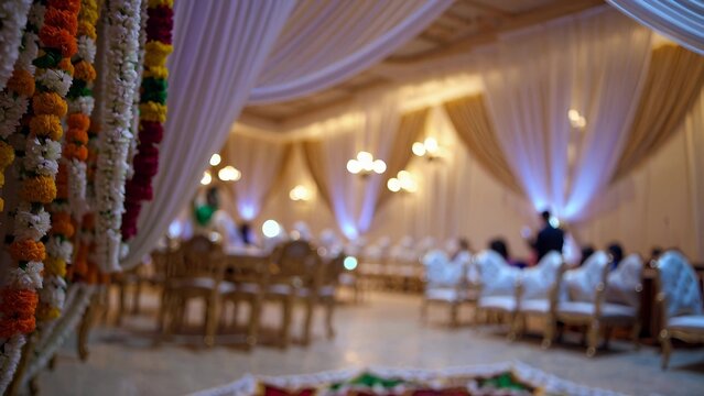 A wedding reception with flowers and chandeliers. Guests decorate the wedding with decorations. Formal dining chairs in a formal dining room. A reception for a wedding featuring floral lifestyle.