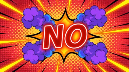 Close-up shot of the word NO in a vibrant red and purple comic book style, featuring a dynamic explosion effect against a dotted background, conveying a bold and - Powered by Adobe