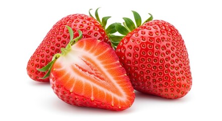Fresh, vibrant red strawberries, including a perfectly sliced half, isolated on a clean white background, highlighting their juicy texture and natural sweetness.