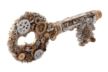 Complex key, gears, intricate mechanism