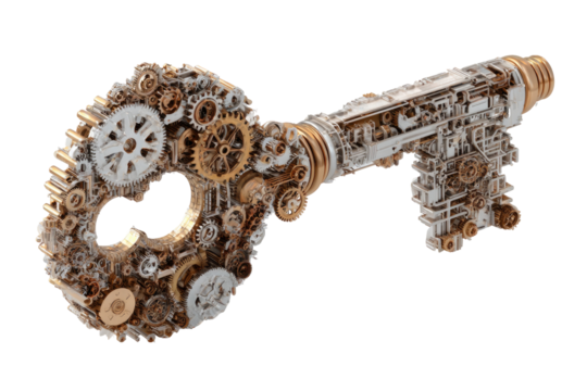 Complex key, gears, intricate mechanism