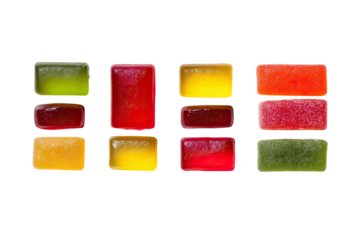 Colorful, rectangular, translucent candies in individual containers arranged in rows