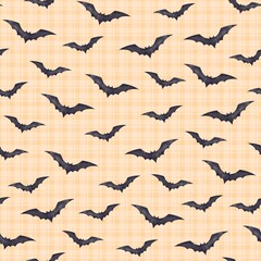 Fototapeta premium Seamless Halloween pattern with dark violet watercolor bats of two sizes on a peach plaid background. Perfect for fabric, textile, wrapping paper, wallpaper, party, decoration, scrapbooking