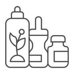 Cosmetics bundle thin line icon, spa massage concept. Vector graphics. Cream, lotion and flower shampoo with aroma oil, bath sign on white background, outline style icon for mobile or web design.