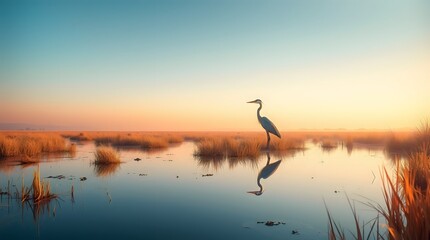Heron at Sunset in Tranquil Wetlands &ndash; Graceful Reflection Amid Golden Sky and Marsh Grass