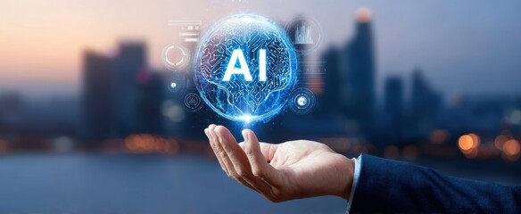 The AI Brain Hologram Floating Above a Businessman's Hand Over City Skyline