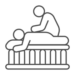 Masseur with man on wooden bed thin line icon, spa massage concept. Vector graphics. Massaging art for client back, therapy sign on white background, outline style icon for mobile or web design.