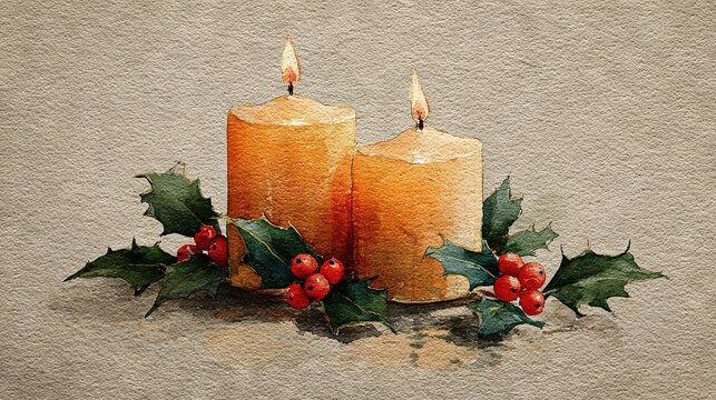   A watercolor painting of two candles with holly leaves and red berries on a parchment paper