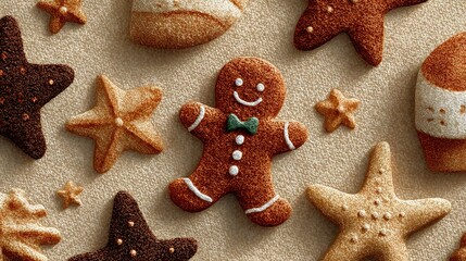   A white tablecloth features a variety of cookies atop it, including star-shaped options