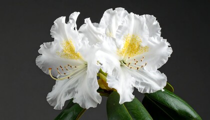 White rhododendron blossoms with yellow freckles and ruffled edges