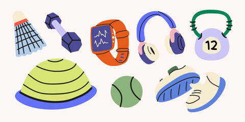 Set of sport equipment in cartoon retro style. Gym accessories, training items. Vector flat fitness elements. Dumbbells, kettlebell, ball, sneakers, fitness hemisphere