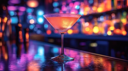 Neon-lit cocktail bar; martini glass; nightlife