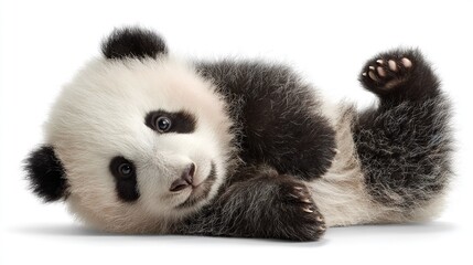 Obraz premium A black-and-white panda bear lying on its back with its paws on its head