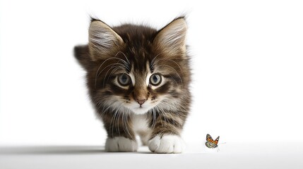  A kitten strolls on a white floor, butterfly on its back legs, facing the camera, against a white backdrop