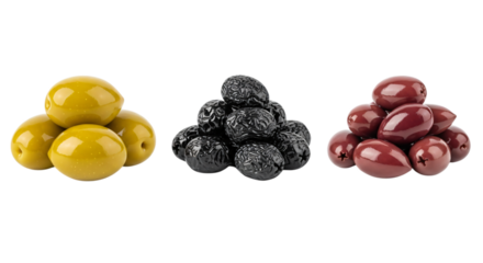 Three piles of olives green, black, and red isolated on transparent background