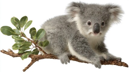   A close-up of a koala on a branch with a tree branch in the foreground against a white backdrop