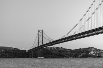 Close-up of 25 de Abril Bridge in monochrome, Lisbon, Portugal