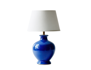 A simple, classic table lamp with a white shade and cobalt blue base