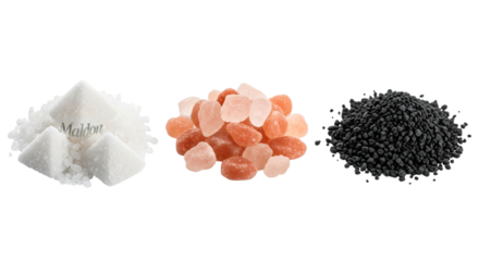 Three types of salt isolated on transparent background